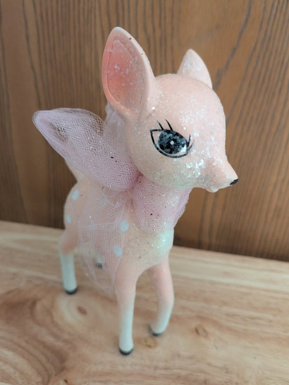 Retro Pastel Pink Deer Raindeer Holiday Sparkle Trinket Figurine Glittered VTG